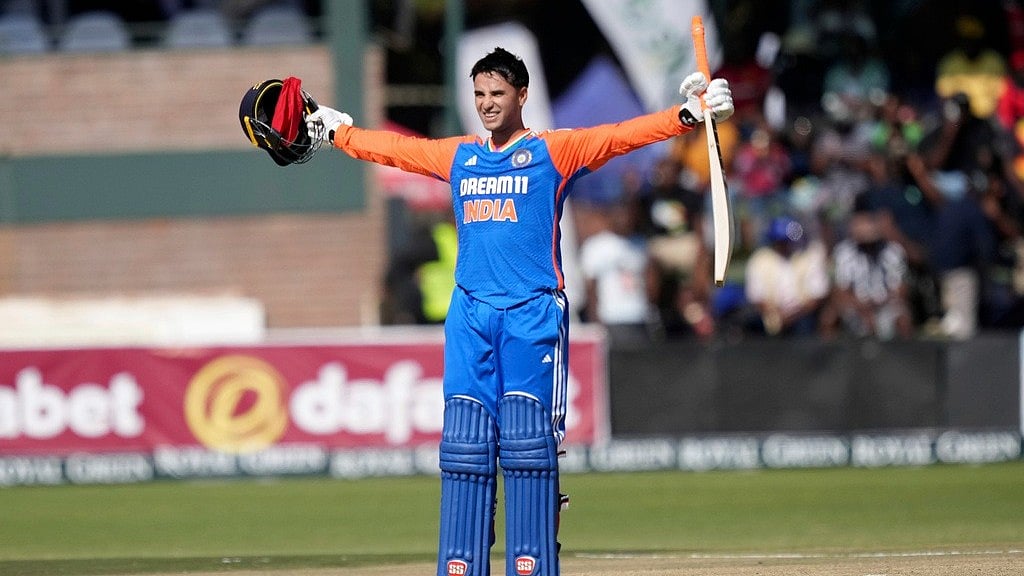 AP Photo  : Abhishek Sharma celebrates his century in the India vs Zimbabwe, 2nd T20I in Harare on Sunday (July 7, 2024).